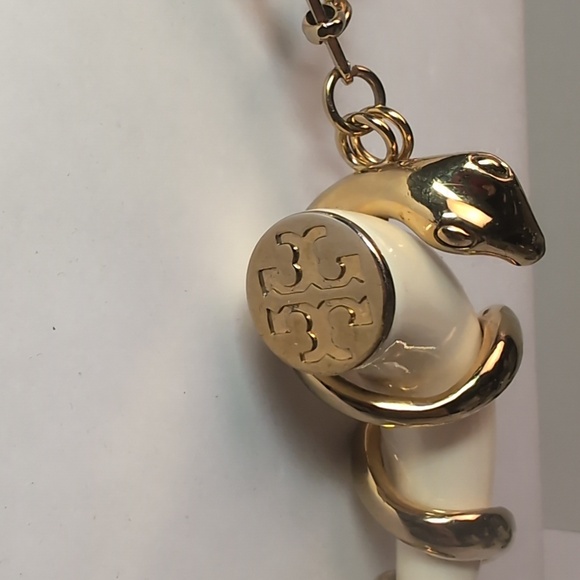 Tory Burch Horn and Serpent Pendant Necklace 29" Long Gold Tone & Cream - Picture 4 of 12